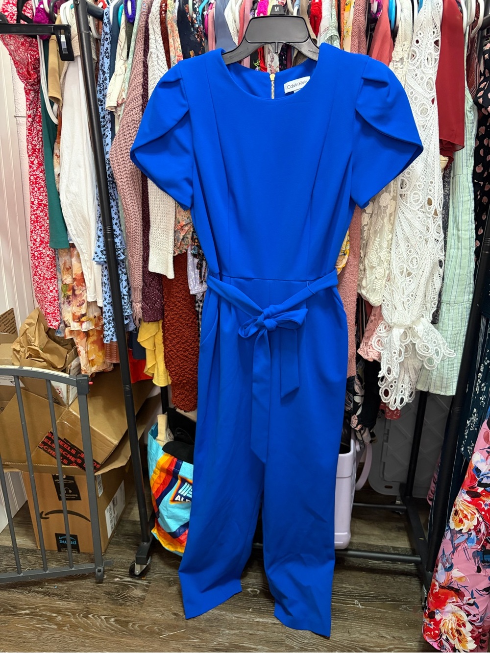 Calvin Klein Bright Blue Short-Sleeve Tie-Waist Jumpsuit